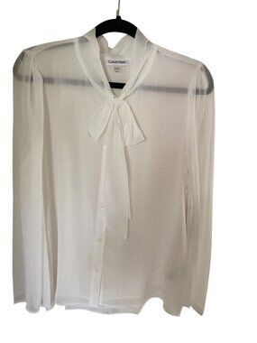 Calvin Klein White Front Tie Neck Blouse White Wide Open End Long Large Sleeve